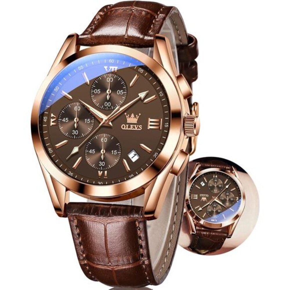 Brown Leather with Date, Casual Watches for Men, Large Face Watches Men
